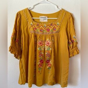 Savanna Jane Mustard Embroidered Boho Peasant Tunic